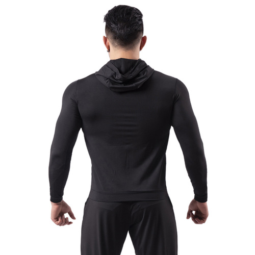 Black hooded sports jacket for men with velvet to keep warm in winter high-elasticity and quick-drying basketball training running fitness clothing