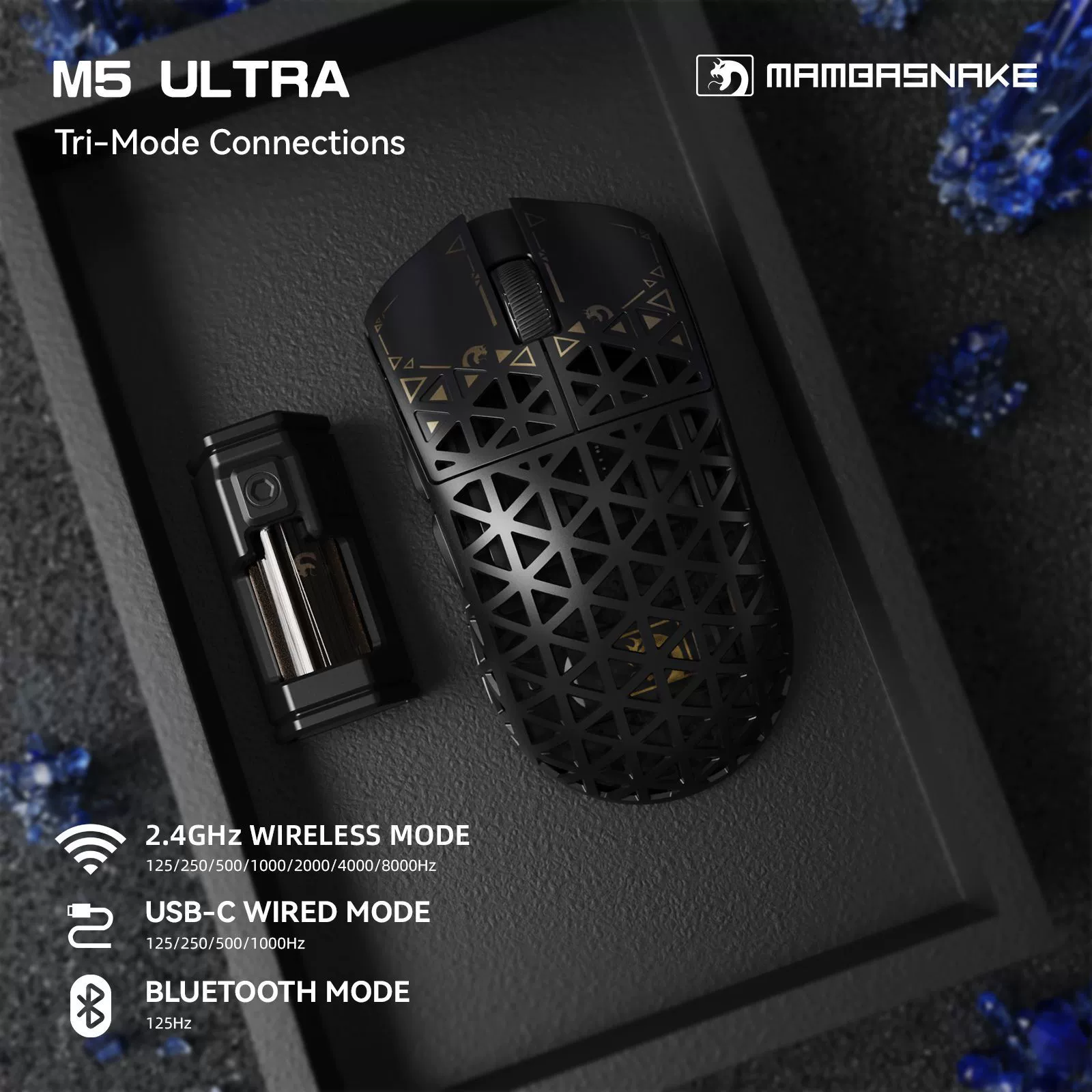 Mamba Snake M5 Ultra Карбоновое волокно, беспроводная мышь, лёгкий PAW3950, игровая, Bluetooth в 3 режимах, 8K мышь