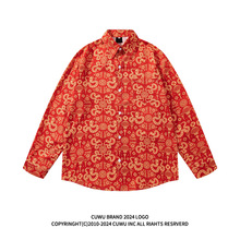 现货本命年蛇年新年喜庆红色长袖衬衫女男春季宽松情侣款休闲衬衣