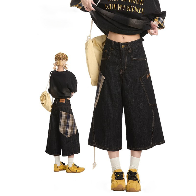 Summer New American Style Plaid Large Pocket Workwear Cropped Jeans Women's Design Sense Wide Leg Casual Cropped Pants
