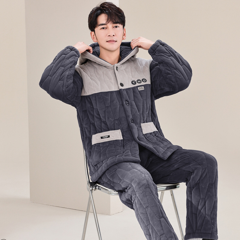 Winter Quilted Embroidered Goose down Burnt Cotton Quilted Pajamas for Men, Fleece-Lined, Thickened, Warm Home Wear Set, Suitable for Outdoor Wear