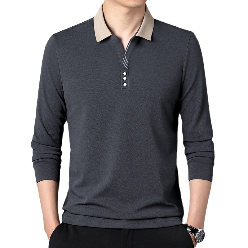 Tijeras collar Camiseta de manga larga de los hombres de Primavera y Otoño Nueva solapa simple casual solapa versátil camisa de polo de mediana edad de los hombres