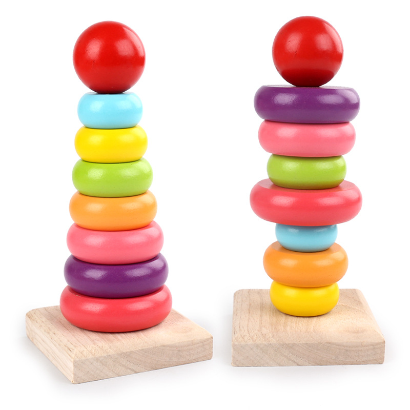 Juego de mesa interactivo educativo y divertido para niños, torre de arcoíris de madera Jenga, juguete de bloques apilables para reconocer colores.