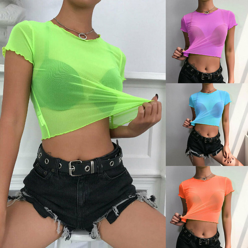 AliExpress New Fashion Women's Solid Color Perspective Mesh Transparent Short Top T-Shirt Bikini Beach Blouse