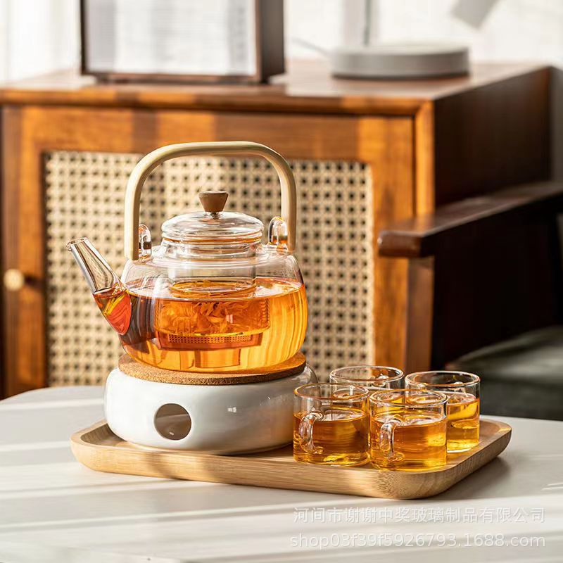 플랫 빔 포트 + 4 컵 + 세라믹 차 스토브 + 작은 단단한 나무 차 트레이