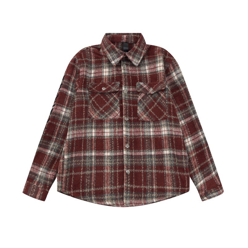 European Ch Men's and Women's Autumn and Winter Flannel Plaid Shirts Plaid Lapel Long-Sleeved Couple's Shirts and Jackets Cross-Border