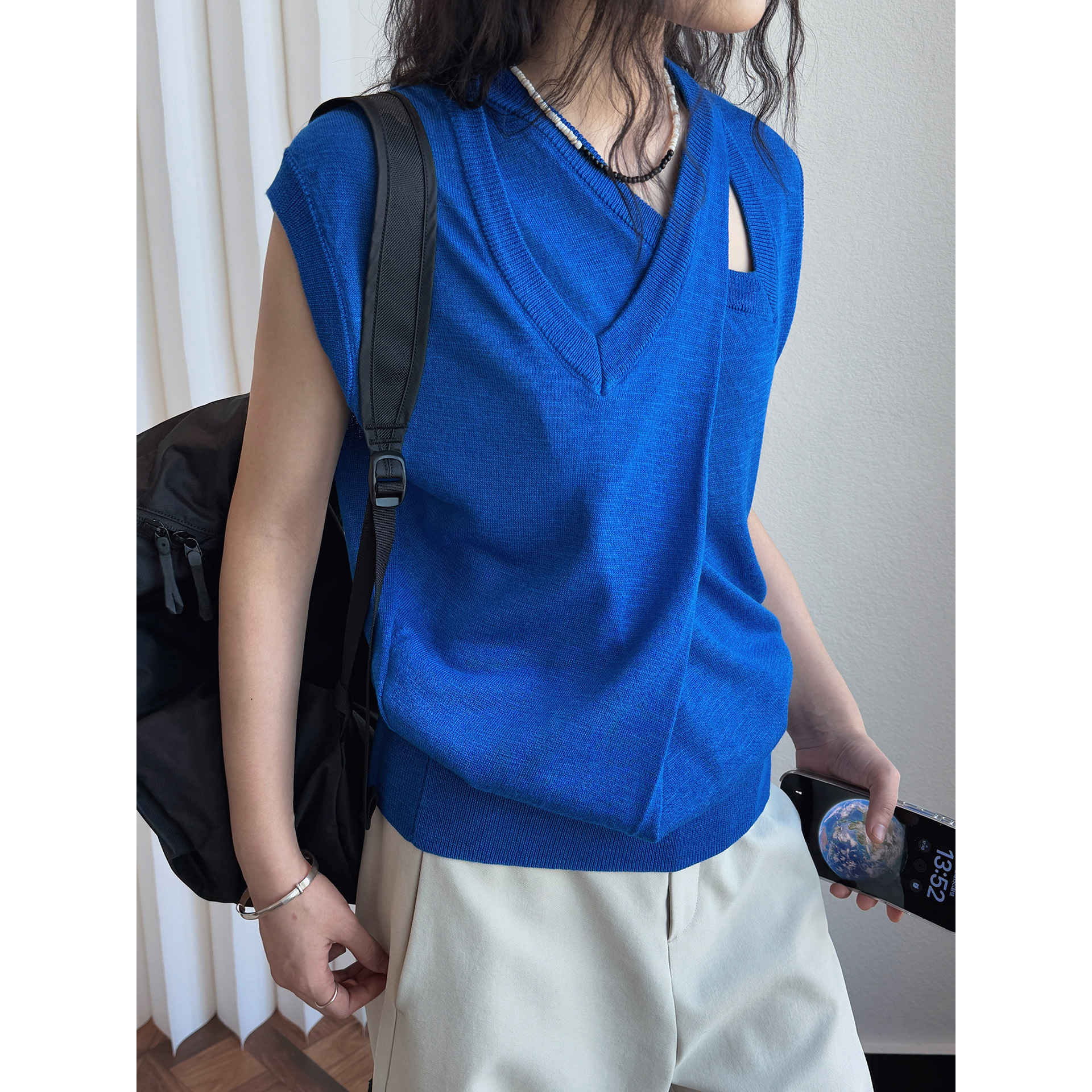 Louvre Summer New Korean Style Designer Style Irregular Double Collar Slub Knitted Vest Soft and Comfortable Top for Women
