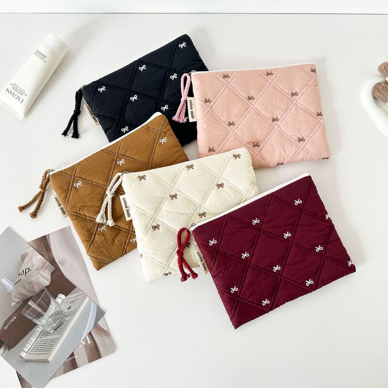 Quilted Embroidered Bow Makeup Bag, Coin Purse, Stationery Bag, Large Capacity Multifunctional Pencil Case, Travel Storage Bag
