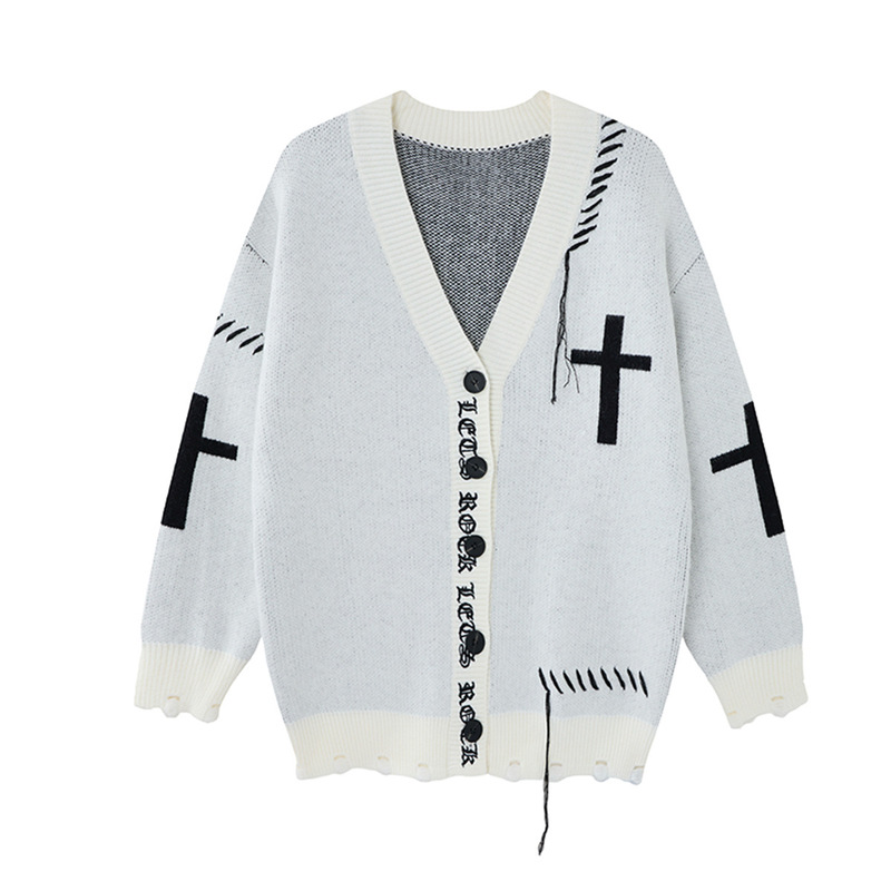 Magic Bear Punk Streetwear New Autumn/Winter Knit Sweater Dark Style Cross Jacquard V-Neck Sweater Jacket Magic Bear Punk Streetwear New Autumn/Winter Knit Sweater Dark Style Cross Jacquard V-Neck Sweater Jacket