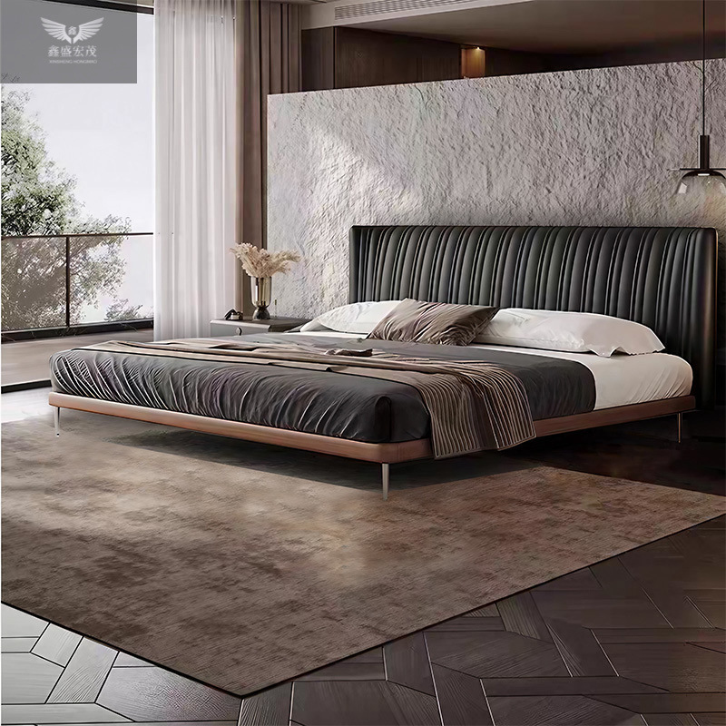Conchas de cuero de lujo ligero, estilo antiguo, dormitorio principal minimalista, cama doble simple, cama doble de fresno, cama negra