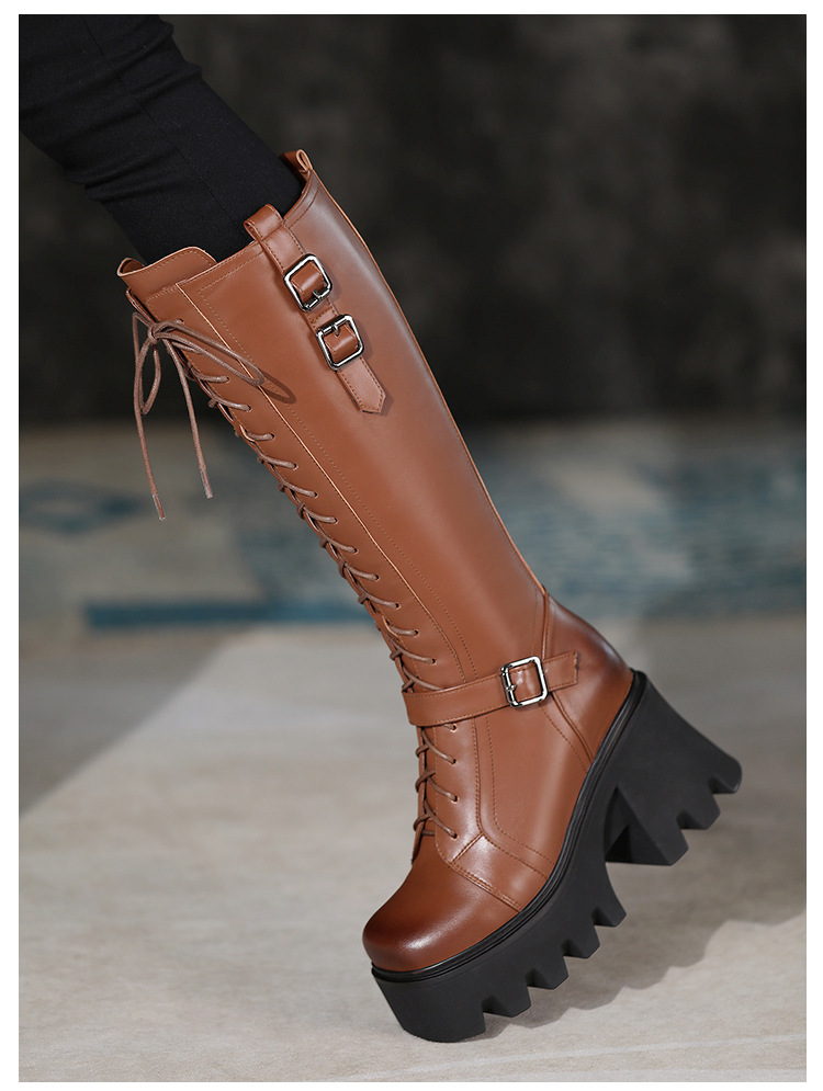 Boot nữ cổ cao phong cách cổ điển, gót 10 cm, khóa dây buộc — Lót nhung đen chi tiết 7