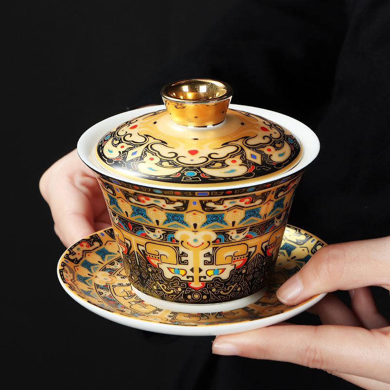 唐卡羊脂玉盖碗可悬停三才盖碗陶瓷单个泡茶碗敬茶碗伴手礼现货