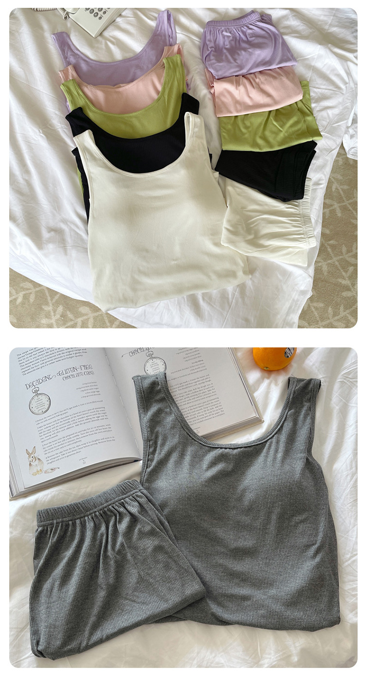 Pyjama mit Weste und Shorts aus Modal – Brustpolster, zweiteiliges Set, einfarbig, leichte Loungewear für Damen_voghion.com