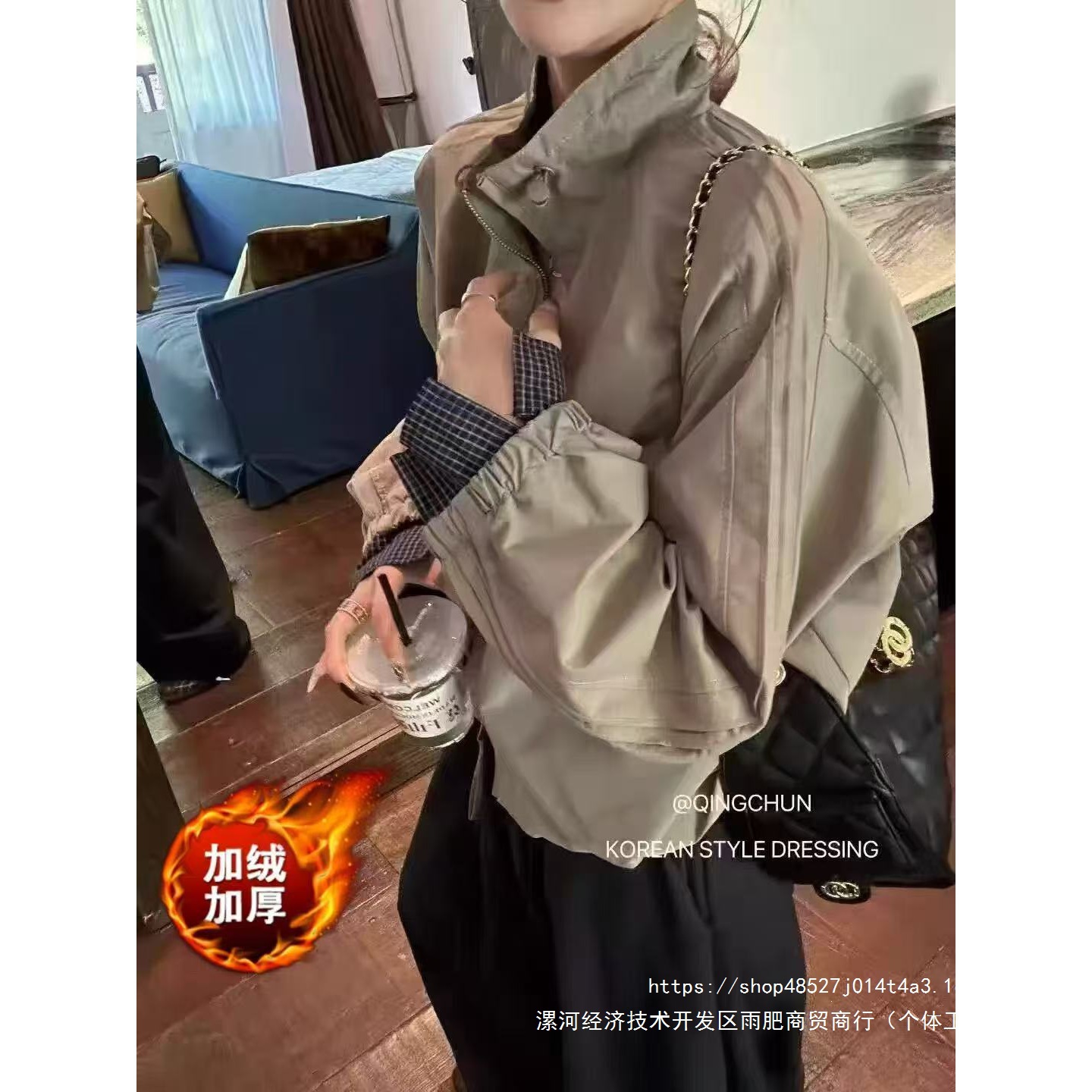 加绒/不加绒复古短款立领夹克外套女新款宽松薄款格子拼接上衣