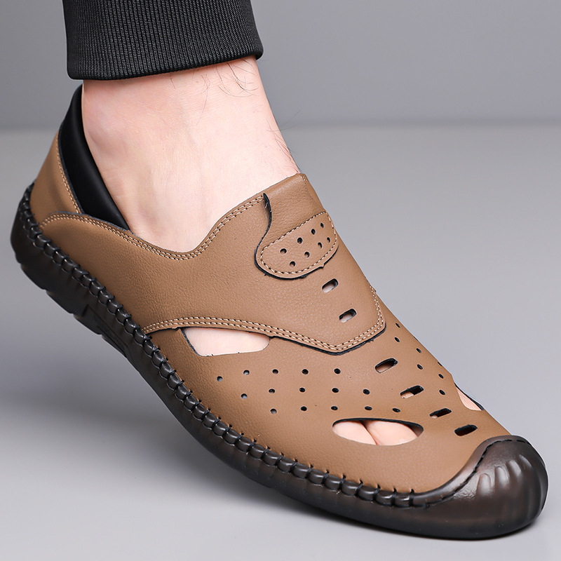 2025 Spring New Men's Breathable Leather Sandals Men's Handmade Stitching Casual Croc Shoes Soft Sole Sandals Men's E202