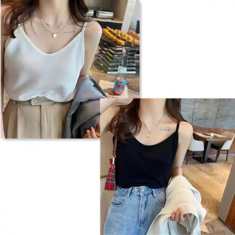 白色吊带背心女夏外穿遮副乳宽肩带配西装打底内搭华夫格宽松彭泉|undefined