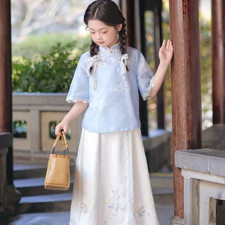 [汉服女童夏2025新款儿童新中式国风旗袍女孩古风日常可穿套装兔毛]