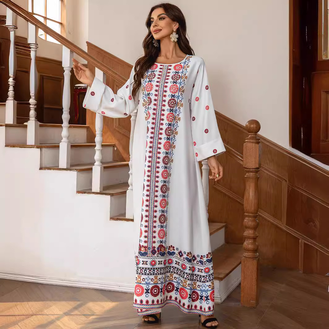 ZD028 Cross-border Middle Eastern Foreign Trade Muslim Ethnic Long Dress With Printed Gold Foil And Beading Elegant_ecoleips.com