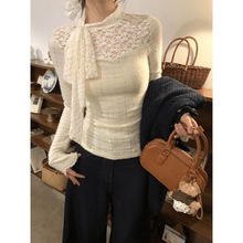 蕾丝留洋加绒打底千金春季T恤2025设计蝴蝶结飘带气质修身上衣