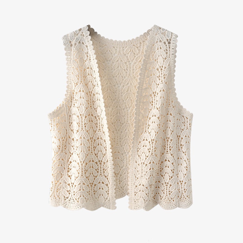 2026 Girl-Style Crochet Knit Hollow-Out Vest for Women, Summer Solid Color Lace Sleeveless Cardigan