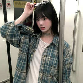 美式复古chic蓝色格子衬衫外套女2025春夏新款港味个性外搭长袖衬