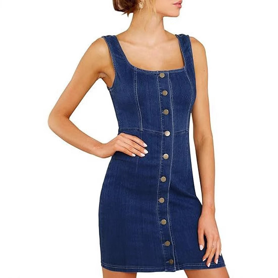 Amazon Cross-Border 2025 New Women's Casual Square Neck Sleeveless Jeans Buttoned Denim Short Dress Amazon Cross-Border 2025 New Women's Casual Square Neck Sleeveless Jeans Buttoned Denim Short Dress