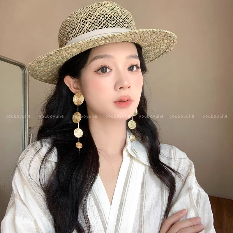 老钱风~金色圆片长款流苏耳环夸张小众设计高级感气质时尚耳钉女|undefined