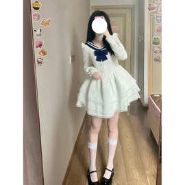 秋装2025新款法式初恋甜美学院风jk海军领蝴蝶结白色连衣裙子女