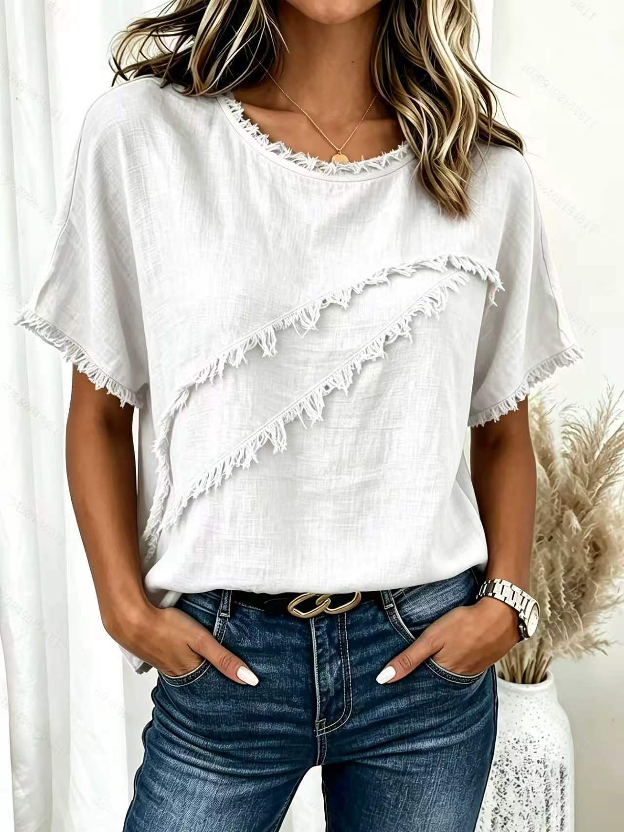 Blusa de mujer en algodón y lino con patchwork y borlas_voghion.com