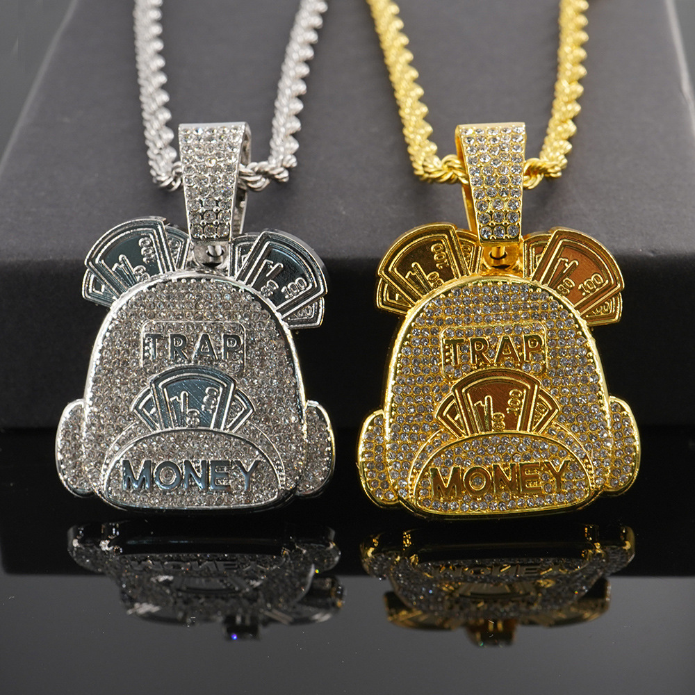 Marca de moda con diamantes letras MONEY bolsas de dinero colgante collar hombre europeo y americano hip hop collar de cadena cubano personalizado al por mayor