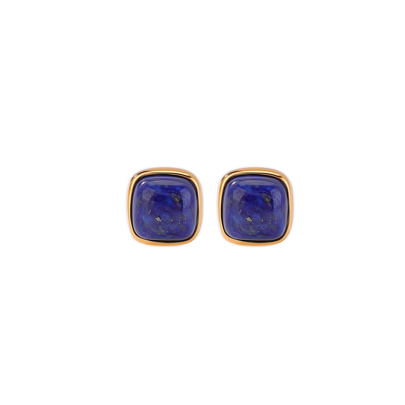 Khuyên tai bạc S925 mạ vàng đính đá lapis lazuli hình vuông vintage — Cặp đôi