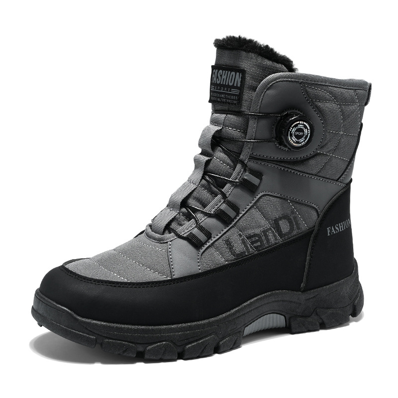 Invierno transfronterizo nuevo tipo de hombre botas de nieve de fondo grueso de alto impacto con veludo grueso calentamiento botón giratorio antideslizante zapatos de algodón resistentes al desgaste