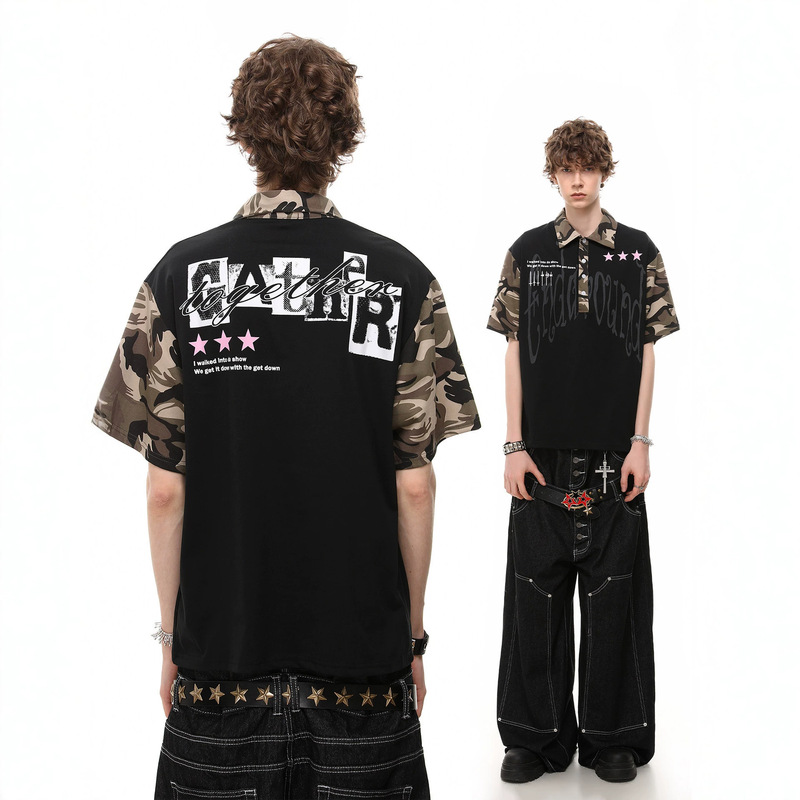 51 Hip-Hop American Street Style Camouflage Patchwork Raglan Short-Sleeve Polo Shirt for Men, Summer Subculture Niche Ins T-Shirt Trend