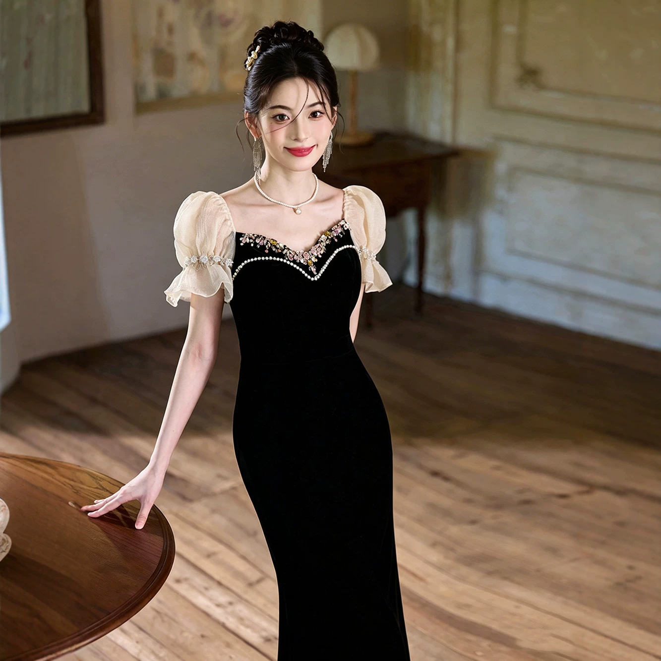 New Black Evening Gown Light Luxury French Mermaid Dress For Banquet Hostess Women's Wedding Party Wear_ecoleips.com
