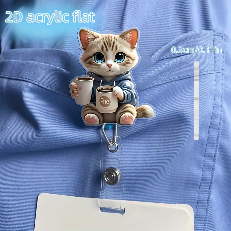 Clip de insignia de gatito de café creativo de acrílico transfronterizo, clip de identificación, hebilla retráctil y fácil de tirar