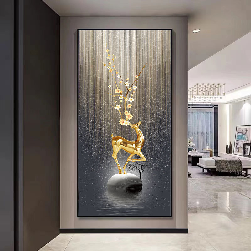 Pintura decorativa de vestíbulo de lujo ligero de alto nivel de alce hojas doradas pasillo colgar pintura de la sala de patrón colgar pintura suave