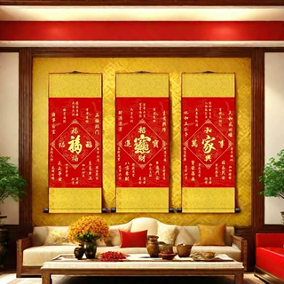 五福临门中式客厅挂画家和万事兴墙壁装饰画丝绸卷轴新中式装饰画