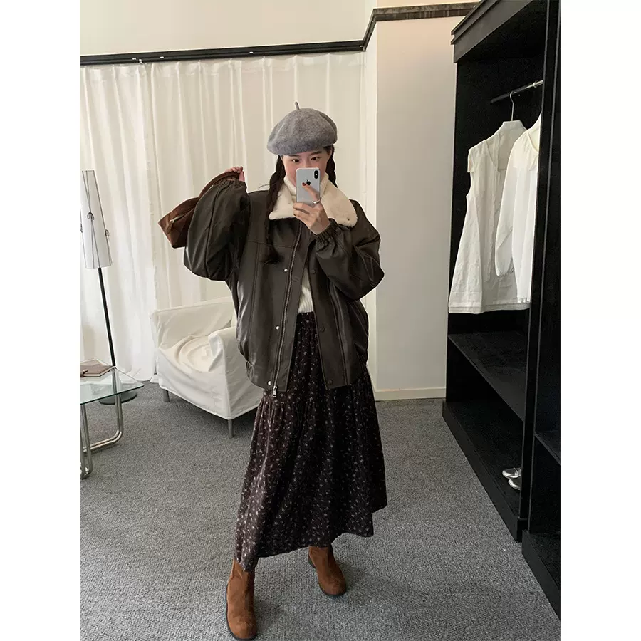 黄峥高级感毛领PU皮衣夹棉加厚外套女秋冬韩系机车夹克上衣541073