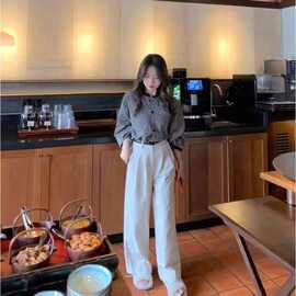 温柔风格子圆领衬衫女春秋新款宽松胖妹妹小个子休闲别致开衫衬衣