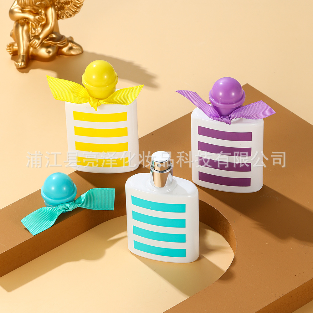 Botella de perfume de vidrio con rayas — diseño impreso con tapa redonda y lazo, spray portátil tipo dopamina para viaje