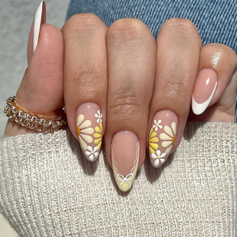 French Bow European and American Wearable Nails Almond-Shaped Daisy Flower Fake Nails Ins Style Manicure Nails French Bow European and American Wearable Nails Almond-Shaped Daisy Flower Fake Nails Ins Style Manicure Nails