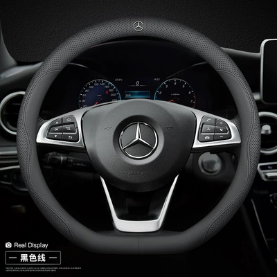 Steering wheel cover: leather handle cover - d-shaped-ultra-thin-model-black-line-with-car-logo-other