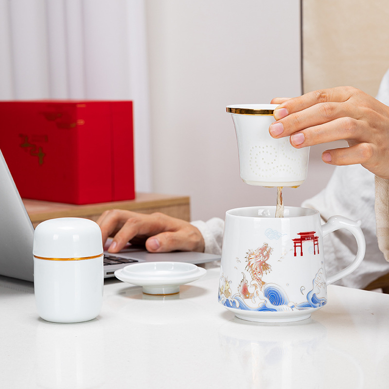 Sheep fat jade ceramic office tea cup drawing gold tea separation…