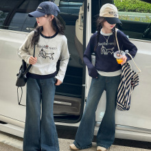 女童套裝秋季2025新款中大兒童洋氣休閑運動小狗刺綉打底衫兩件套