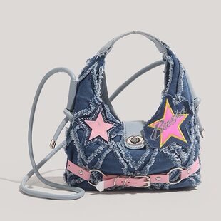 Small design fuchsia patch, denim shoulder bag, official product, new collection