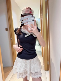 Korean-Style Rabbit Ear Plaid Patchwork Short-Sleeve T-Shirt for Women, Summer Petite Slim-Fit Versatile Sweet Youthful Top