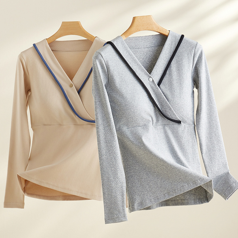 Maternity Autumn and Winter Pure Cotton Nursing Pajamas, All-Season Thermal Wear, No Need for Underwear, Postpartum Tops, Base Layer