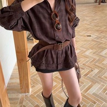 咖色polo领长袖衬衫女2025早春新款中长款宽松盐系防晒开衫衬衣潮