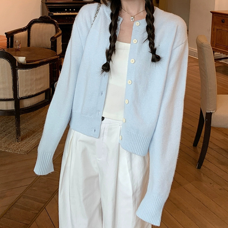 Hongtai Autumn New Sheep Velvet Light Blue Knitted Cardigan Lazy Solid Color Sweater Women's Jacket Factory Direct Sales