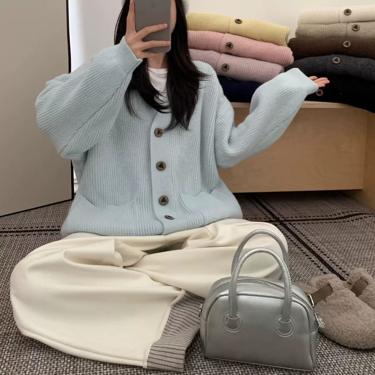 韩系传单秋冬新款休闲学院风纯色宽松针织衫简约慵风开衫毛衣外套